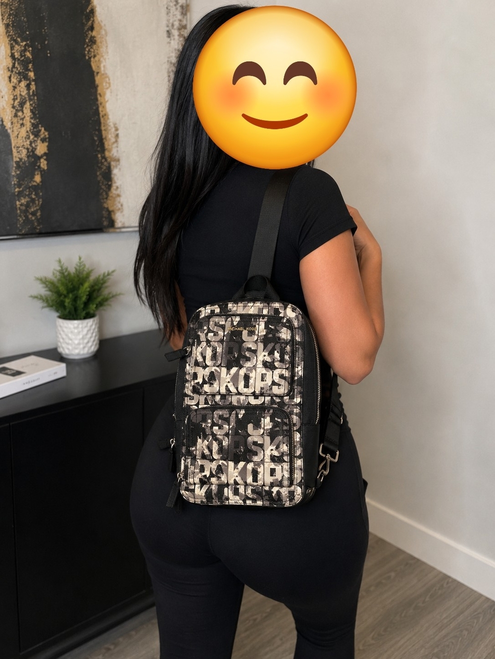 MICHAEL Michael Kors Black and Beige Logo-Print Backpack Sling